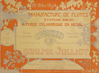 Catalogue Djalma Julliot. Manufacture de flûtes, 1894. Illustré par la photographie catalogue, flute, djalma julliot, 1894, illustre, musique, instruments, vent, art nouveau, ateliers